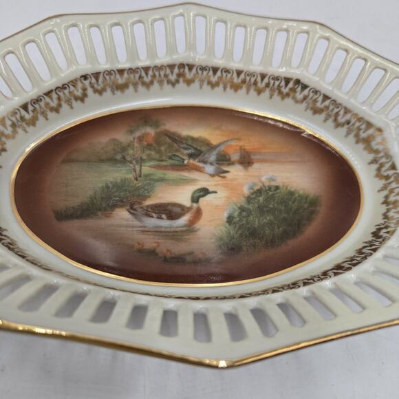 Antique Pierced Edge Bavarian Crown Duck Scene 7" Serving Dish Made in Germany - Picture 2 of 5